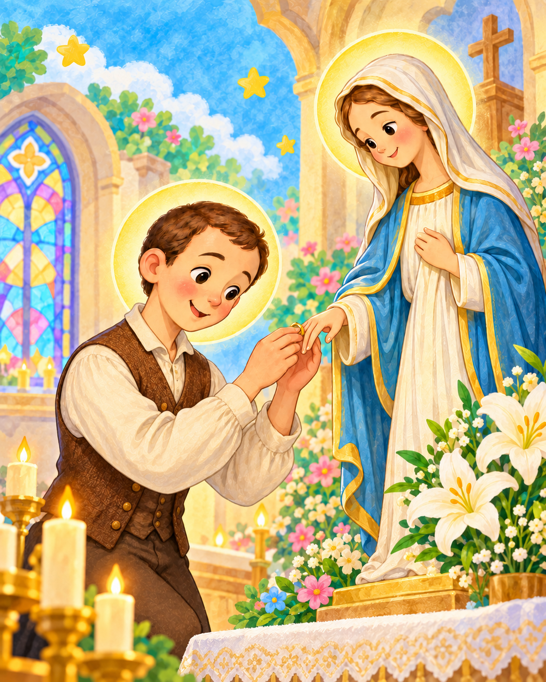 Illustrazione di Gerardo affida il cuore alla Madonna